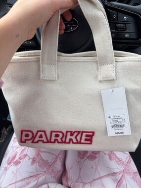 Parke Cream Canvas Tote Bag with Red Logo